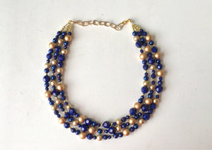 Navy Blue Beaded Necklace, blue Jewelry, Chunky statement necklace, gold blue necklace, navy jewelry, blue statement necklace