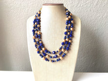 Load image into Gallery viewer, Navy Blue Beaded Necklace, blue Jewelry, Chunky statement necklace, gold blue necklace, navy jewelry, blue statement necklace