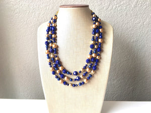 Navy Blue Beaded Necklace, blue Jewelry, Chunky statement necklace, gold blue necklace, navy jewelry, blue statement necklace