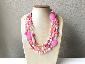 Extra Chunky Blush Statement Necklace, multi strand bright jewelry, chunky statement necklace, coral necklace, blush pink necklace jewelry