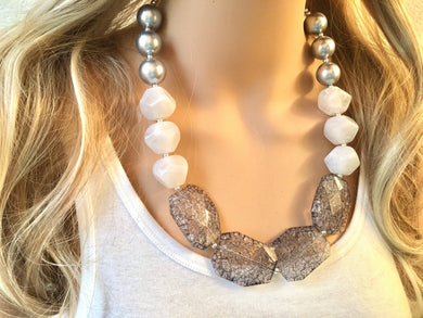 Silver & White Big Bead Necklace, single Strand Statement Jewelry, gray Chunky bib, bridesmaid necklace, gray jewelry, beaded long necklace