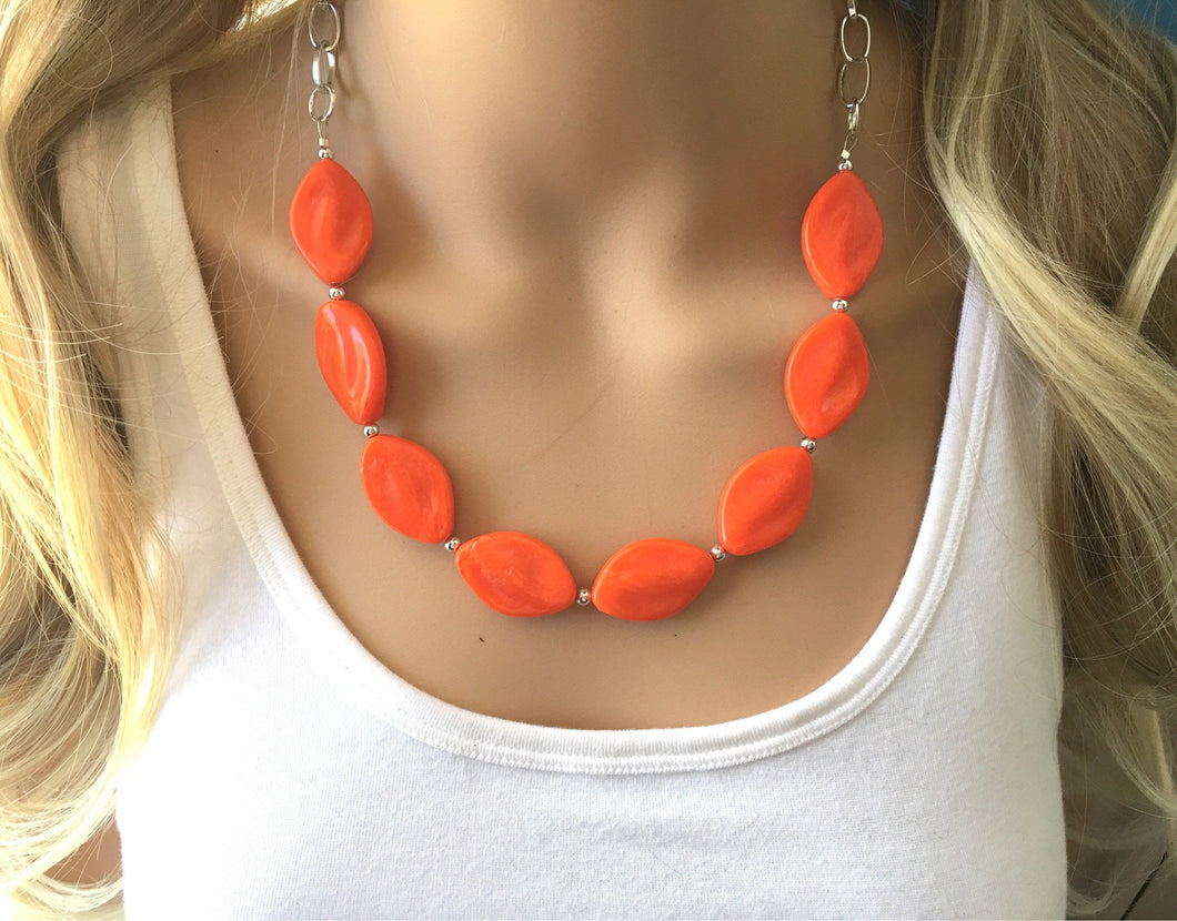 Orange Statement Necklace & earring set, orange jewelry, Your Choice GOLD or SILVER, orange bib chunky necklace, bright orange round necklac