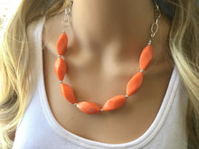 Load image into Gallery viewer, Orange Statement Necklace &amp; earring set, orange jewelry, Your Choice GOLD or SILVER, orange bib chunky necklace, bright orange round necklac