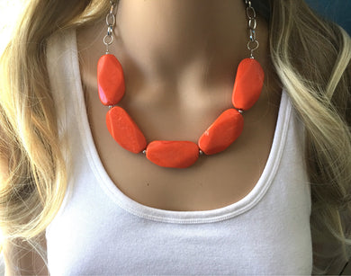 Orange Statement Necklace & earring set, orange jewelry, Your Choice GOLD or SILVER, orange bib chunky necklace, bright orange round necklac