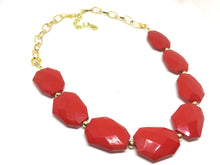 Load image into Gallery viewer, Red Statement Necklace &amp; Earrings, red jewelry, Your Choice GOLD or SILVER, red bib chunky necklace, red necklace