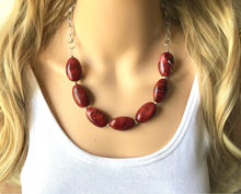 Load image into Gallery viewer, Deep Red Statement Necklace &amp; Earrings, red jewelry, Your Choice GOLD or SILVER, red bib chunky necklace, red necklace, Crimson Jeweley Set