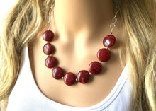 Load image into Gallery viewer, Deep Red Statement Necklace &amp; Earrings, red jewelry, Your Choice GOLD or SILVER, red bib chunky necklace, red necklace, Crimson Jeweley Set