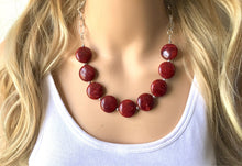 Load image into Gallery viewer, Deep Red Statement Necklace &amp; Earrings, red jewelry, Your Choice GOLD or SILVER, red bib chunky necklace, red necklace, Crimson Jeweley Set