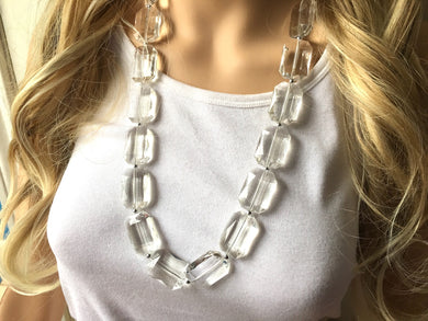 Long Big Bead clear Necklace, single Strand Statement Jewelry, resin necklace, Chunky bib bridesmaid, everyday bubble jewelry, clear silver