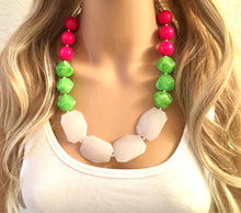 Load image into Gallery viewer, Pink Green &amp; White Big Bead Necklace, Statement Jewelry, pink and green Chunky bib, bridesmaid necklace, green and pink jewelry, beaded long