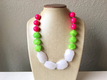 Load image into Gallery viewer, Pink Green &amp; White Big Bead Necklace, Statement Jewelry, pink and green Chunky bib, bridesmaid necklace, green and pink jewelry, beaded long