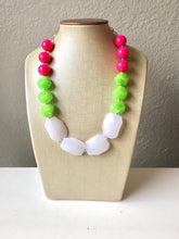 Load image into Gallery viewer, Pink Green &amp; White Big Bead Necklace, Statement Jewelry, pink and green Chunky bib, bridesmaid necklace, green and pink jewelry, beaded long