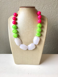 Pink Green & White Big Bead Necklace, Statement Jewelry, pink and green Chunky bib, bridesmaid necklace, green and pink jewelry, beaded long