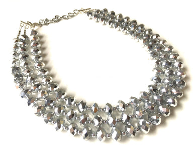 Silver Glass crystal necklace, multi strand formal jewelry, gray wedding Chunky Statement Necklace, silver beaded jewelry chunky