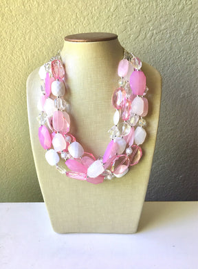 Extra Chunky Blush + White Statement Necklace, multi strand bright jewelry, chunky statement necklace, pink necklace, blush pink clear resin