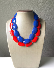 Blue & Red Necklace, multi strand jewelry, big beaded chunky statement necklace, red jewelry, bridesmaid necklace, bib necklace, denim blue