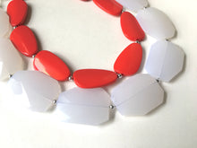 Load image into Gallery viewer, White &amp; Red Necklace, multi strand jewelry, big beaded chunky statement necklace, red jewelry, bridesmaid necklace, bib necklace, resin bead