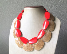 Load image into Gallery viewer, Champagne &amp; Red Necklace, multi strand jewelry, big beaded chunky statement necklace, red jewelry, bridesmaid necklace, bib necklace, resin