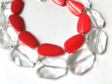 Load image into Gallery viewer, Clear &amp; Red Necklace, multi strand jewelry, big beaded chunky statement necklace, red jewelry, bridesmaid necklace, bib necklace, resin bead