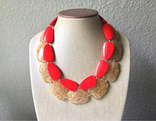 Load image into Gallery viewer, Champagne &amp; Red Necklace, multi strand jewelry, big beaded chunky statement necklace, red jewelry, bridesmaid necklace, bib necklace, resin