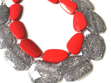 Load image into Gallery viewer, Gray &amp; Red Necklace, multi strand jewelry, big beaded chunky statement necklace, red jewelry, bridesmaid necklace, bib necklace, gray beaded