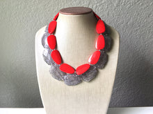 Load image into Gallery viewer, Gray &amp; Red Necklace, multi strand jewelry, big beaded chunky statement necklace, red jewelry, bridesmaid necklace, bib necklace, gray beaded