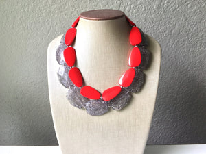 Gray & Red Necklace, multi strand jewelry, big beaded chunky statement necklace, red jewelry, bridesmaid necklace, bib necklace, gray beaded