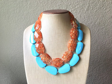 Orange & Turquoise Necklace, double strand jewelry, big beaded chunky statement necklace, blue necklace, turquoise jewelry, orange jewelry