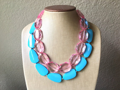 Blush Pink & Turquoise Necklace, double strand jewelry, big beaded chunky statement necklace, blue necklace, turquoise jewelry, pink jewelry
