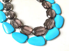 Load image into Gallery viewer, Gray &amp; Turquoise Necklace, double strand jewelry, big beaded chunky statement necklace, blue necklace, turquoise jewelry, gray jewelry