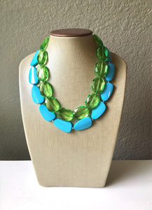 Lime & Turquoise Necklace, double strand jewelry, big beaded chunky statement necklace, blue necklace, turquoise jewelry, green jewelry
