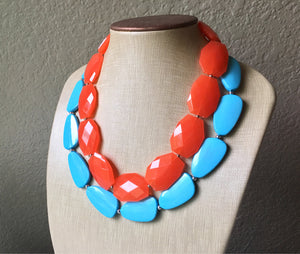 Orange & Turquoise Necklace, double strand jewelry, big beaded chunky statement necklace, blue necklace, turquoise jewelry, orange jewelry