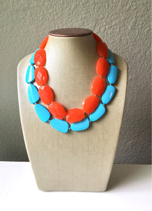 Orange & Turquoise Necklace, double strand jewelry, big beaded chunky statement necklace, blue necklace, turquoise jewelry, orange jewelry