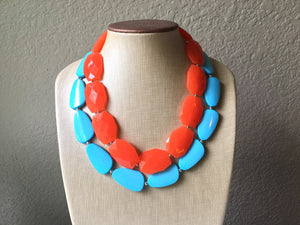 Orange & Turquoise Necklace, double strand jewelry, big beaded chunky statement necklace, blue necklace, turquoise jewelry, orange jewelry