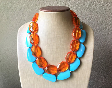 Orange & Turquoise Necklace, double strand jewelry, big beaded chunky statement necklace, blue necklace, turquoise jewelry, orange jewelry