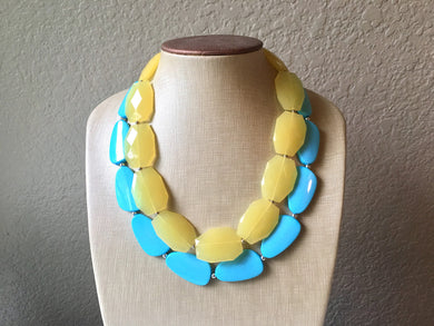 Yellow & Turquoise Necklace, double strand jewelry, big beaded chunky statement necklace, blue necklace, turquoise jewelry, yellow jewelry