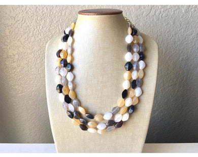 Neutral Statement Necklace, chunky beaded jewelry, chunky black tan white gray necklace, color block beaded necklace, beaded jewelry tan