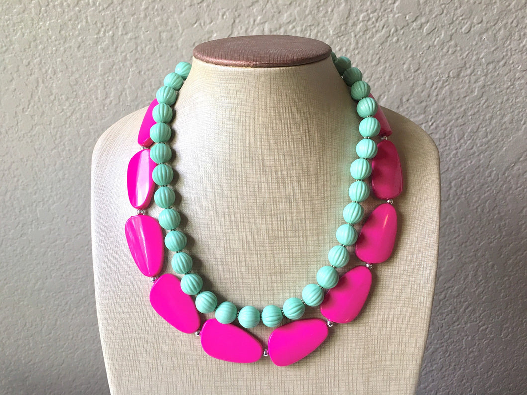 Mint Green & Pink Necklace, multi strand colorful jewelry, big beaded chunky statement necklace, hot pink necklace, magenta jewelry, pink