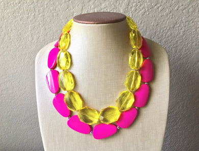 Yellow & Pink Necklace, multi strand colorful jewelry, big beaded chunky statement necklace, hot pink necklace, yellow magenta jewelry