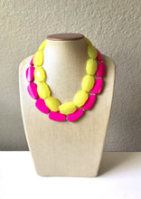 Load image into Gallery viewer, Yellow &amp; Pink Necklace, multi strand colorful jewelry, big beaded chunky statement necklace, hot pink necklace, yellow magenta jewelry