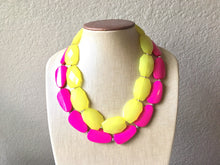 Load image into Gallery viewer, Yellow &amp; Pink Necklace, multi strand colorful jewelry, big beaded chunky statement necklace, hot pink necklace, yellow magenta jewelry