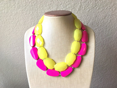 Yellow & Pink Necklace, multi strand colorful jewelry, big beaded chunky statement necklace, hot pink necklace, yellow magenta jewelry