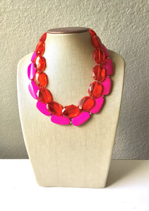 Red & Pink Necklace, multi strand colorful jewelry, big beaded chunky statement necklace, hot pink necklace, Valentines Day necklace