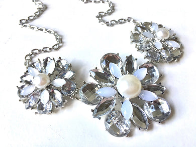 Crystal Statement Necklace, Rhinestone chunky necklace, Flower pearl Pendant Jewelry, white chunky bridesmaid necklace jewelry