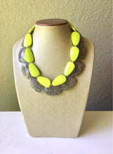 Load image into Gallery viewer, Chunky Statement Apple Green Necklace, multi strand colorful jewelry, big beaded chunky statement necklace, gray necklace, gray and green