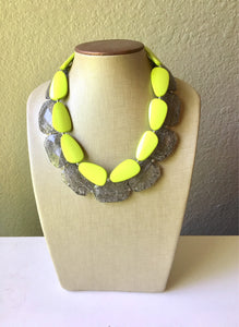 Chunky Statement Apple Green Necklace, multi strand colorful jewelry, big beaded chunky statement necklace, gray necklace, gray and green