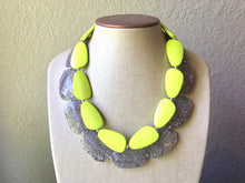 Load image into Gallery viewer, Chunky Statement Apple Green Necklace, multi strand colorful jewelry, big beaded chunky statement necklace, gray necklace, gray and green