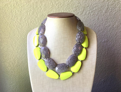 Chunky Statement Apple Green Necklace, multi strand colorful jewelry, big beaded chunky statement necklace, gray necklace, gray and green