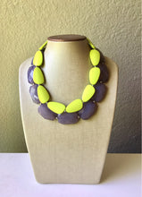 Load image into Gallery viewer, Chunky Statement Apple Green Necklace, multi strand colorful jewelry, big beaded chunky statement necklace, gray necklace, gray and green