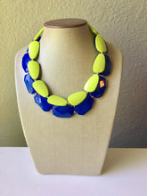 Load image into Gallery viewer, Chunky Statement Apple Green Necklace, multi strand colorful jewelry, big beaded chunky statement necklace, blue necklace, royal blue